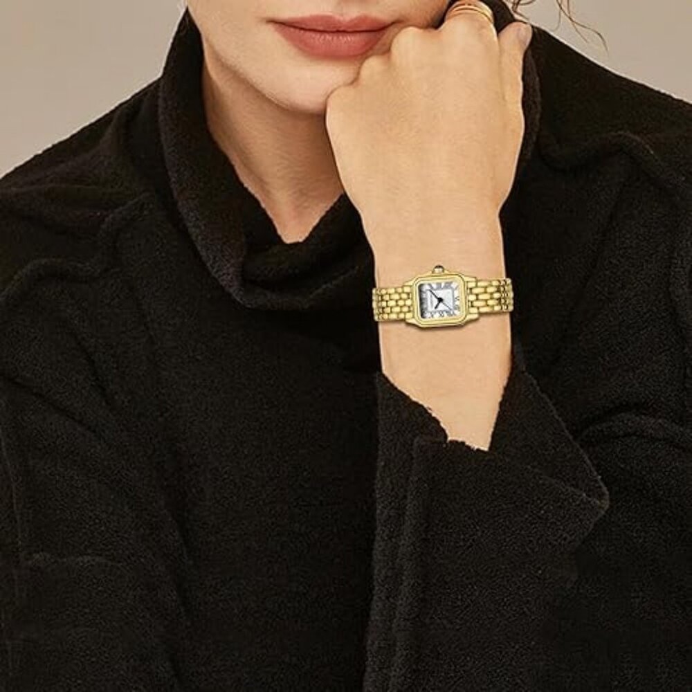 CHEETAH Gold Watches for Women with Small Vintage Bracelet, Rectangular Case Rom